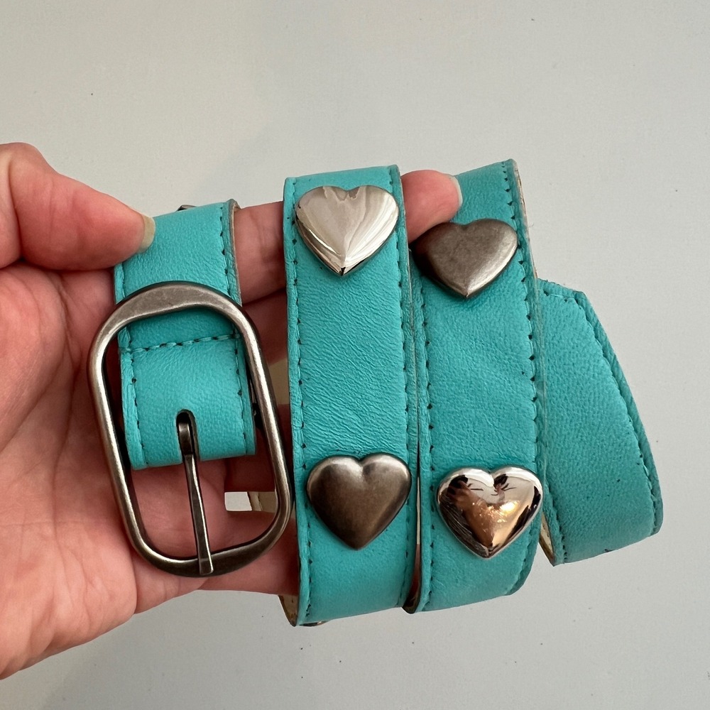 Vintage Y2K‎ Aqua Blue Faux Leather Heart Studded Belt Silver Buckle Turquoise